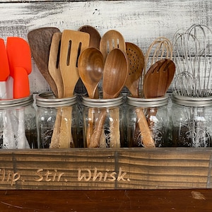 5 Jar Carved Wood Cooking Utensil Holder