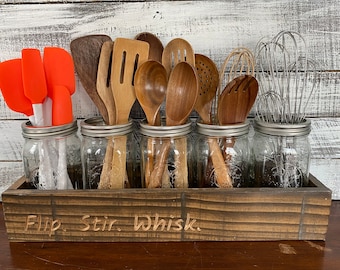 5 Jar Carved Wood Cooking Utensil Holder
