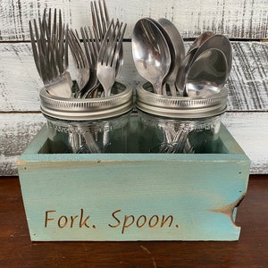 2 Jar Carved Wood Silverware Holder Fork Spoon