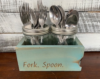 2 Jar Carved Wood Silverware Holder Fork Spoon