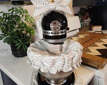 Conjunto de batidora de pie de rayas grises con cubierta de tazón, almohadilla para electrodomésticos y lazo opcional