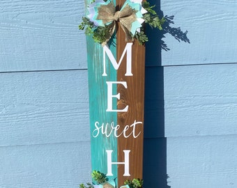 Teal Porche Leaner con arco, signo de bienvenida, decoración del patio