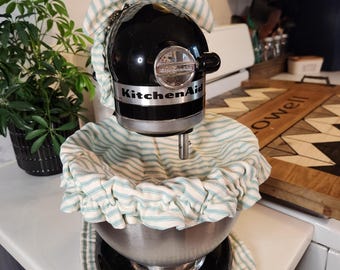 Conjunto de batidora de pie con rayas verde azulado, con tapa para tazón, almohadilla para electrodomésticos y lazo opcional