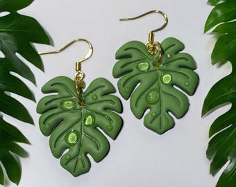 Monstera Leaf Earrings with 3D dew drops