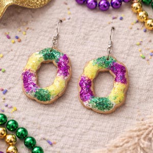 King Cake Earrings, Mardi Gras Polymer Clay Earrings, Louisiana Gift