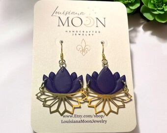 Royal Purple Lotus Flower Earrings with Gold Geometric Charm, Dark Purple Polymer Clay Earrings