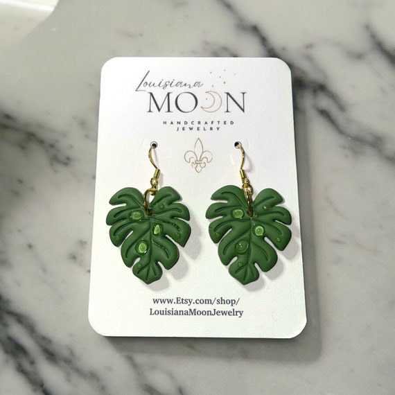 LouisianaMoonJewelry Monstera Leaf Earrings with 3D Dew Drops