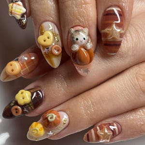 Autumn Cat Press On Nails | 3D Button, Heart & Tartan Nail Art | Cozy Brown Fall Nails | Handmade Kawaii Nail Set | Cozy Brown Autumn Nails