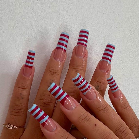Retro Striped Press On Nails | Red & Blue Coffin Nails | Pop Art Summer Nail Set | Hand Painted Graphic French Tip Nails