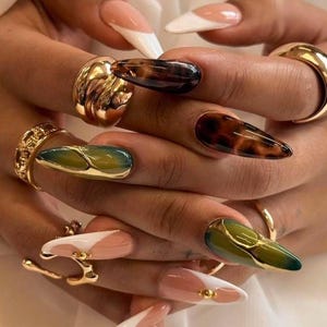 Sculpted Tortoise & Green Press On Nails | 3D Gold Swirl Almond Nails | Abstract Fall Nail Set | Trendy Nature-Inspired Manicure