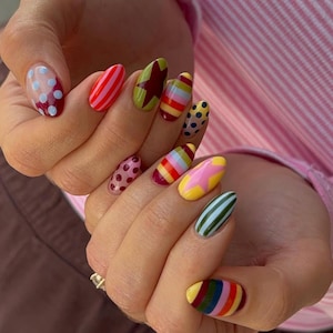 Rainbow Pop Art Press On Nails | Handmade Colorful Striped & Polka Dot False Nails | Eclectic Star Aesthetic Mani | Vibrant Mix Match Nails