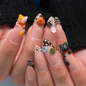 3D Halloween Press On Nails | Cat And Pumpkin Stiletto Nail Art | Autumn Brown, Orange & Black