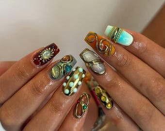 3D Turquoise Press On Nails | Gold Chrome Abstract Nails | Maximalist Long Square Statement Nails | Metallic Handmade Nail Art Set