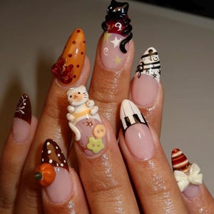 Halloween Press On Nails | 3D Cat & Pumpkin | Autumn Plaid Bow Nail Art | Handmade Reusable