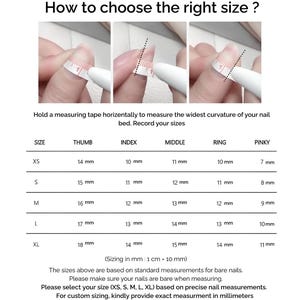 Puede incluir: Imagen que muestra c&oacute;mo medir las u&ntilde;as para determinar la talla. Incluye una tabla con tallas de u&ntilde;as en mil&iacute;metros (mm) para pulgar, &iacute;ndice, medio, anular y me&ntilde;ique. El texto aconseja medir la curvatura m&aacute;s ancha del lecho ungueal.