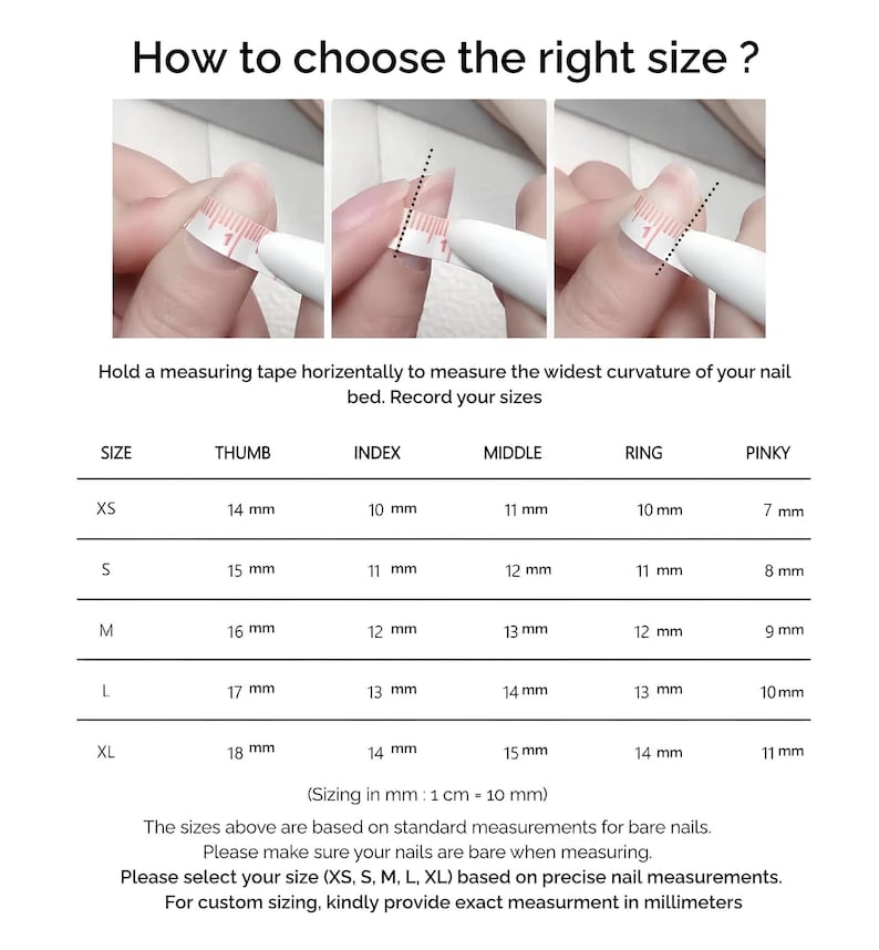 Puede incluir: Imagen que muestra c&oacute;mo medir las u&ntilde;as para determinar la talla. Incluye una tabla con tallas de u&ntilde;as en mil&iacute;metros (mm) para pulgar, &iacute;ndice, medio, anular y me&ntilde;ique. El texto aconseja medir la curvatura m&aacute;s ancha del lecho ungueal.