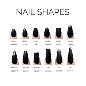 Puede incluir: Imagen que muestra varias formas de u&ntilde;as negras, incluyendo almendra, stiletto, ovalada y cuadrada. El texto "NAIL SHAPES" est&aacute; en la parte superior, con etiquetas como "XSHORT" y "MEDIUM" que indican la longitud de las u&ntilde;as.