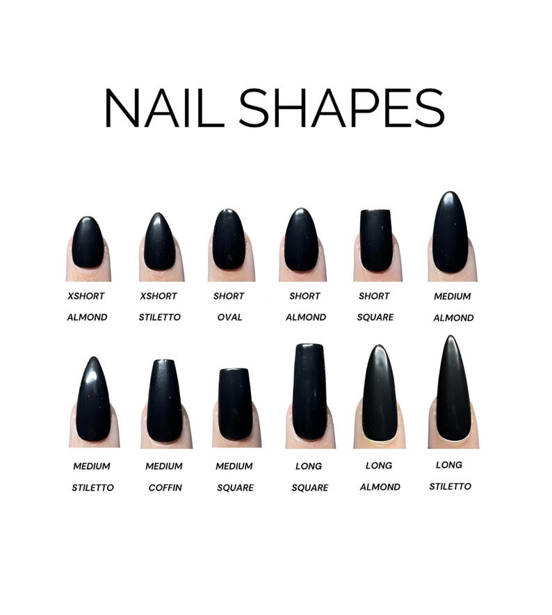 Puede incluir: Imagen que muestra varias formas de u&ntilde;as negras, incluyendo almendra, stiletto, ovalada y cuadrada. El texto "NAIL SHAPES" est&aacute; en la parte superior, con etiquetas como "XSHORT" y "MEDIUM" que indican la longitud de las u&ntilde;as.