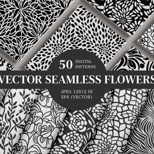 50 Vector Floral Seamless Patterns, Seamless Flowers, SVG, B&W, Vector flowers, Scrapbook, Digital papers, Commercial use, Mega Bundle