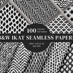 May include: A collection of 100 black and white ikat seamless patterns. The patterns are digital and are 12x12 inches, 300 DPI.