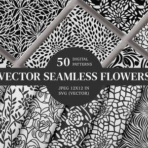 50 Vector Seamless Flowers, BW Floral Pattern, Foliage Printable Digital Papers, SVG, Scrapbook, Package Deal, Textile Printing, Leaves