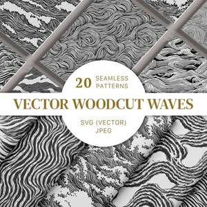 Könnte beinhalten: 20 nahtlose Vektor-Wellenmuster aus Holzschnitt in Schwarzweiß.  SVG (Vektor) und JPEG-Dateiformate.