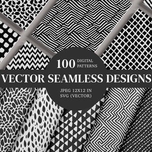100 ベクターシームレスデザイン、SVG、BW、非対称パターン、スクラップブック、印刷可能なデジタルペーパー、パッケージディール、テキスタイルプリント、幾何学