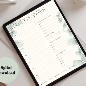 Undated Weekly Planner Printable | Weekly Planner | Daily Agenda | Eucalyptus Planner | Schedule | A5 | A4 | Letter size | Editable PDF