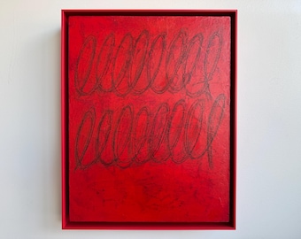 Inramad abstrakt Loop Art-målning: Röd och svart, 28x33 cm