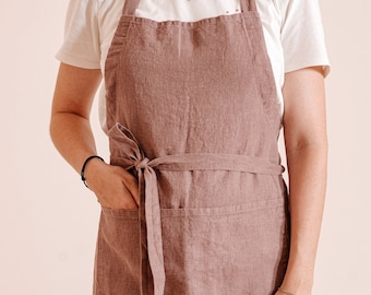 Natural Linen Apron: Pinafore Style with Pockets, Soft Full Apron for Women and Men, Perfect for Kitchen and Garden