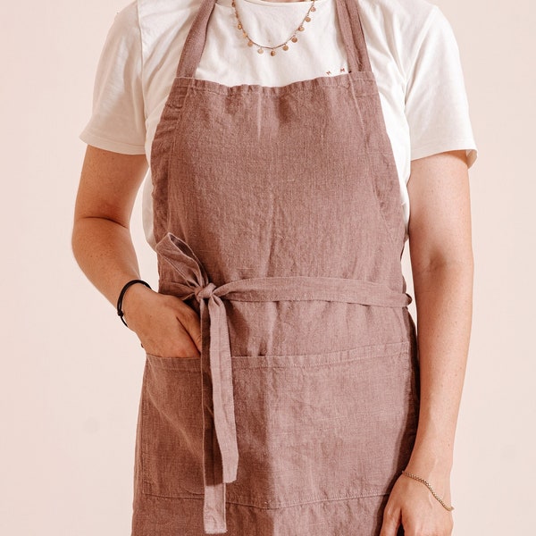 Natuurlijke linnen schort: schortstijl met zakken, zachte volledige schort voor dames en heren, perfect voor keuken en tuin