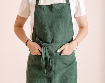 Delantal de lino para mujer, delantal de profesor de lino con bolsillos, delantal de cocina para mujer, delantal de jardín para mujer, delantal de granja, lino delantal pinafore