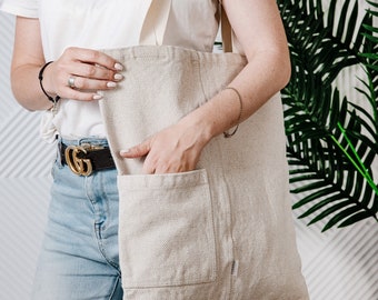 Linen Tote Bag with Pockets – Eco Reusable Market Bag