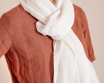 White Linen Scarf - Lightweight, Soft, and Breathable French Washed Scarf for Women and Men - A Casual and Natural Textured Summer Accessory