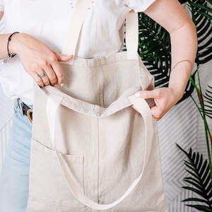 Linen tote bag with pockets - organic eco bag - Reusable grocery bag - Linen market bag tote - linen shopping bag - organic small bag linen