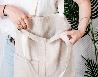 Linen tote bag with pockets - organic eco bag - Reusable grocery bag - Linen market bag tote - linen shopping bag - organic small bag linen