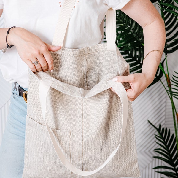 Linen tote bag with pockets - organic eco bag - Reusable grocery bag - Linen market bag tote - linen shopping bag - organic small bag linen