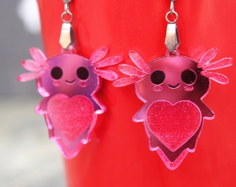 Axolotl örhängen, rosa Axolotl örhängen, Axolotl gåva, ödla örhängen, unik gåva, Axolotl