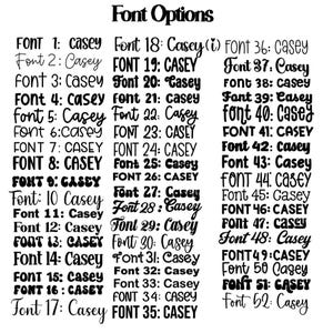 May include: A white background displays a list of 52 font options. Each font is numbered and labeled with the font name "Casey". The title "Font Options" is at the top. The fonts vary in style, including serif, sans-serif, and script.