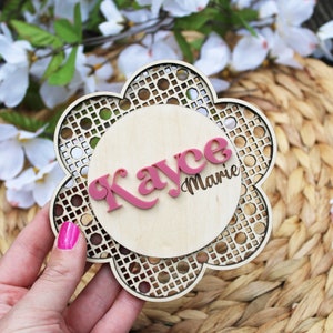 Cartello con nome per neonato, annuncio del nome, cartello &quot;Ciao, mi chiamo&quot;, cartello &quot;Boho Baby&quot;, cartello con annuncio del nome, cartello con nome in rattan