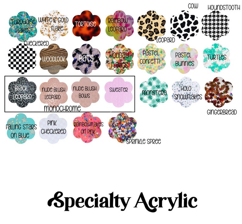 May include: A collection of specialty acrylic shapes in various patterns and colors, including leopard print, tortoiseshell, and glitter. The shapes are in a flower-like design, with text labels such as "Falling Stars on Blue" and "Sprinkle Spree". The words "Specialty Acrylic" are at the bottom.