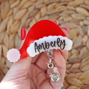 Santa Hat  Badge Reel, custom name badge reel, Personalized Retractable ID Badge Holder, name badge  Reel, badge reel, Christmas Badge reel