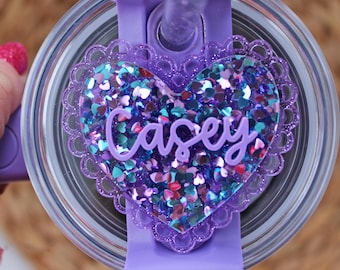 Heart Stanley-naambord, monogram Stanley-topper, bekertopper, naambord, harttopper, Valentijnsdag-harttopper