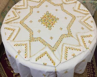 Moroccan handmade tablecloth with 12 tea napkins, traditional embroidered set, Fes tablecloth, Marrakech tablecloth, Moroccan crafts