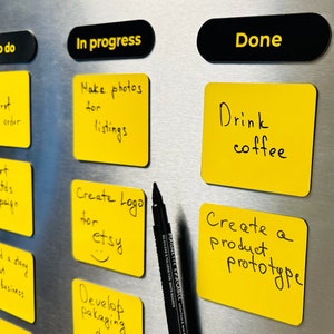 Magnetic project planner for whiteboard or fridge with black headers and yellow cards for individuals and teams