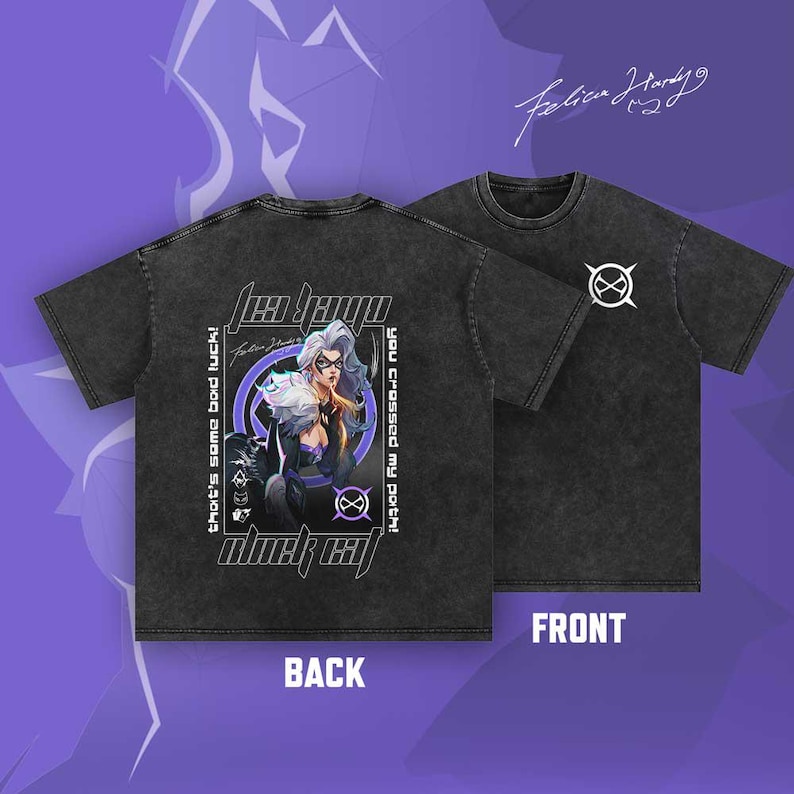 May include: Dark grey t-shirts featuring a Black Cat graphic. The back of the shirt displays an illustration of Black Cat with text saying "that's some bad luck!" and "you crossed my path!". The front has a white logo.