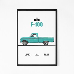 May include: A teal blue 1966 Ford F-100 pickup truck. The truck has a black bumper and black wheels. The text on the poster reads "1966 Ford F-100", "400 HP Max Power", "6.0 s 0-60 MPH", and "100+ MPH Top Speed".
