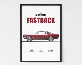 Mustang Fastback 1965 Wall Art Printable | Digital Download Poster Men Kids Boys Room Decor Muscle Car Home Office Art Children Nursery Dorm