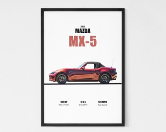 May include: A red 2022 Mazda MX-5 convertible sports car with black wheels. The car is on a white background with text that reads "2022 MAZDA MX-5", "181 HP Max Power", "5.9s 0-60 MPH", and "141 MPH Top Speed".