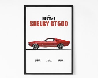 Mustang Shelby GT500 1967 Poster Wall Art | Men Kids Boys Room Decor Supercar Home Office Art Children Nursery Dorm Garage Children Prints